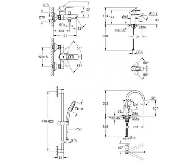Комплект смесителей Grohe BauLoop New 4 в 1 для ванной и кухни, хром (UA123225K3) Фото - 1