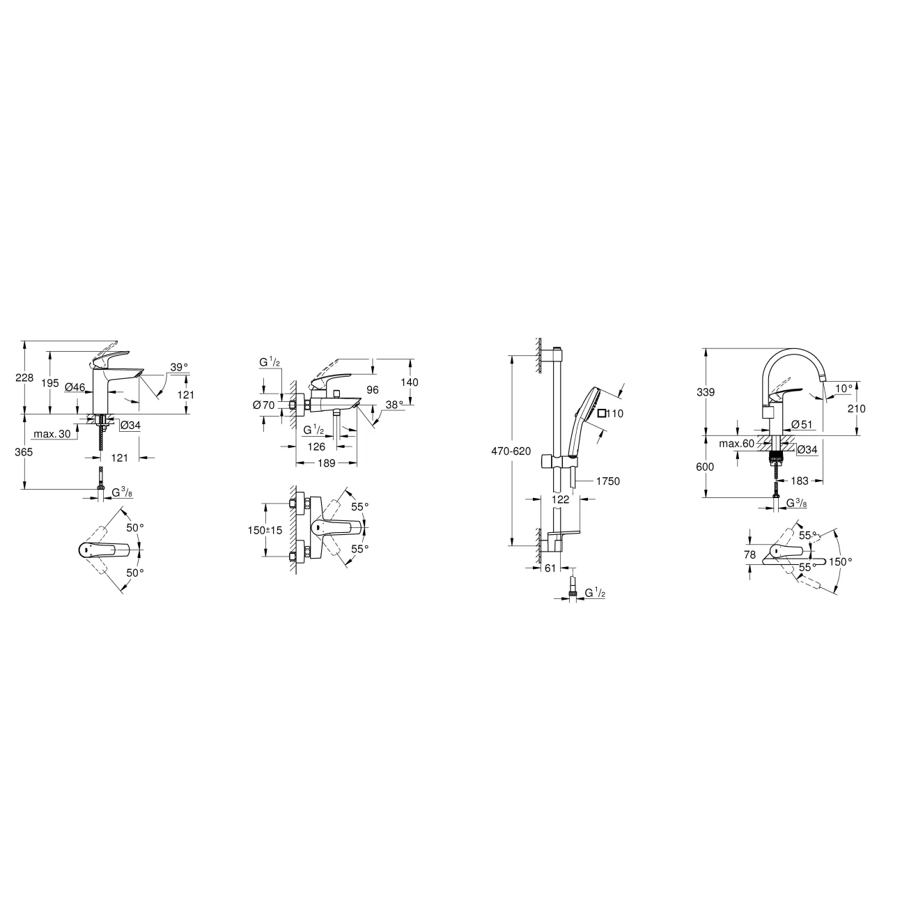 Набір змішувачів для ванни+кухня Grohe EUROSMART (23324003+33300003+26907003+33202003) Фото - 1