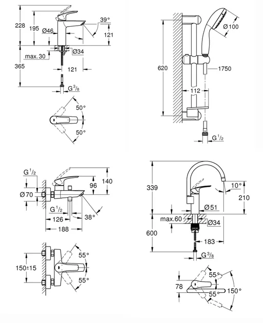 Набор смесителей для ванны+кухня Grohe EUROSMART NEW (23324003+33300003+27926001+33202003) Фото - 2
