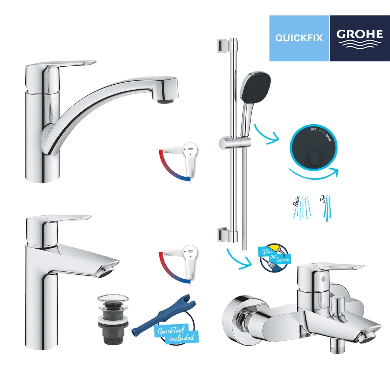 Набір змішувачів 4 в 1 для ванної кімнати та кухні Grohe QuickFix Start M-Size UA202301KE Фото - 12