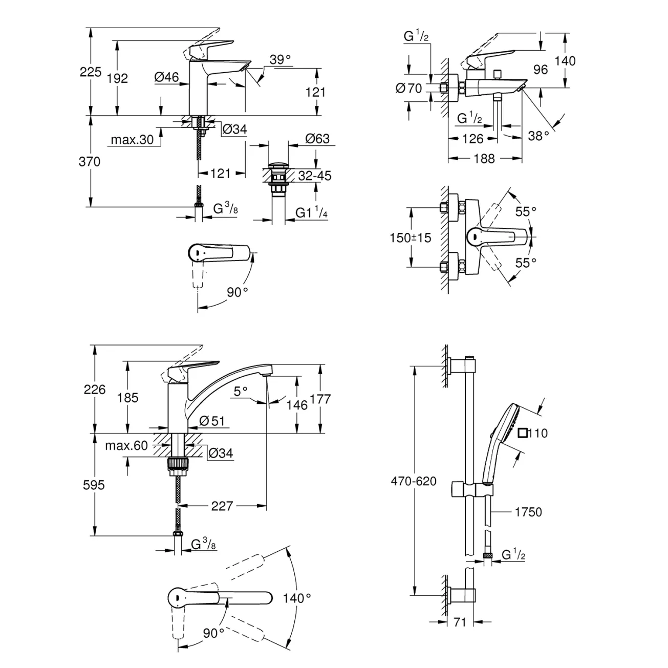 Набір змішувачів 4 в 1 для ванної кімнати та кухні Grohe QuickFix Start M-Size UA202301KE Фото - 1