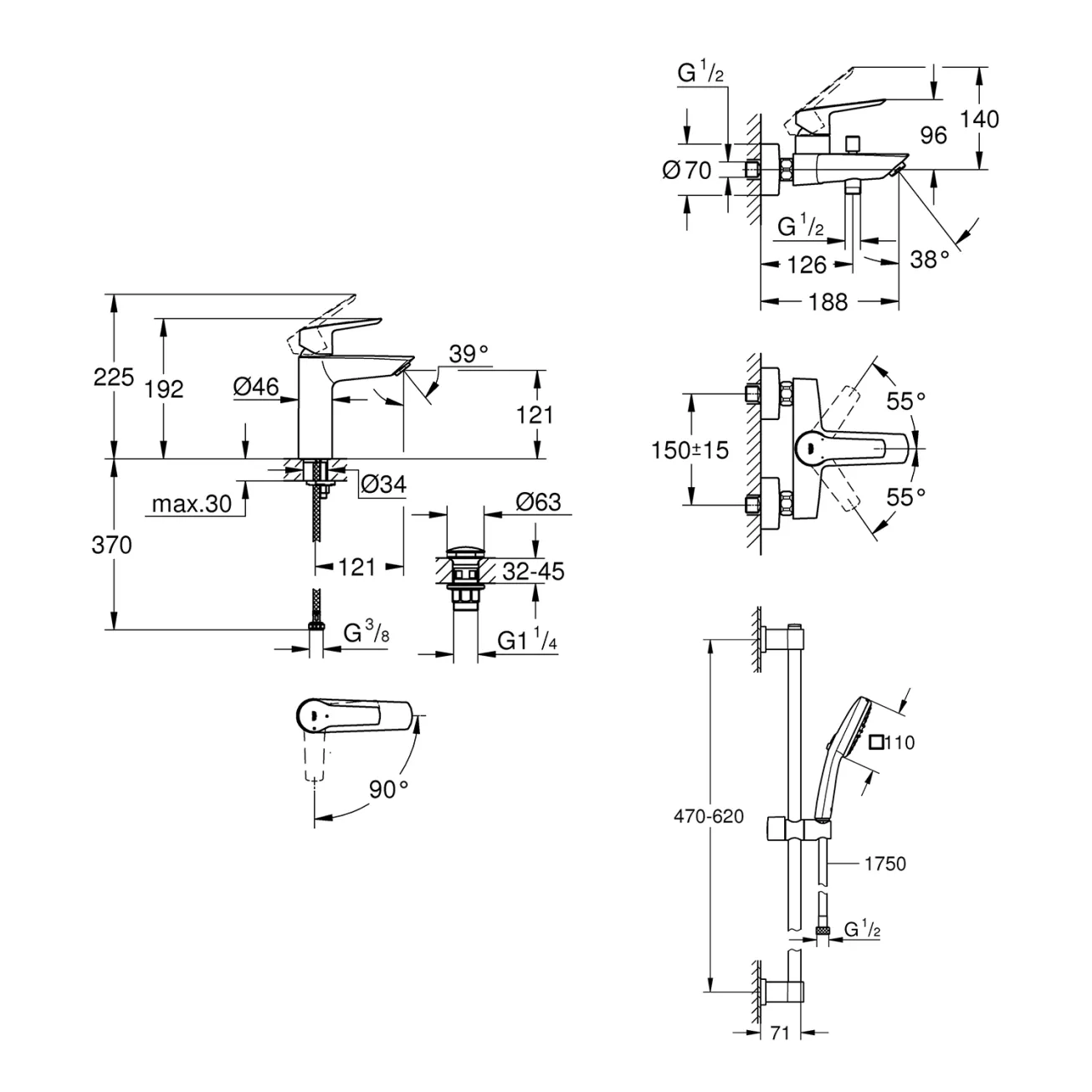Набор смесителей 3 в 1 для ванной комнаты Grohe QuickFix Start M-Size UA202301ME Фото - 1