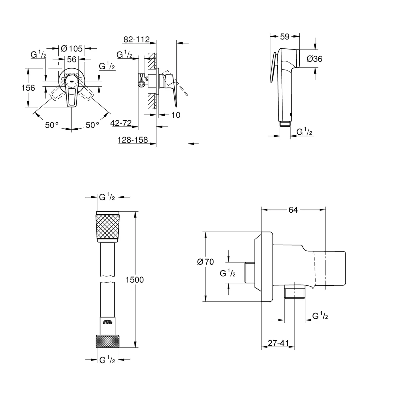 Набор для гигиенического душа скрытого монтажа со смесителем Grohe QuickFix BauLoop New UA202406QF Фото - 1