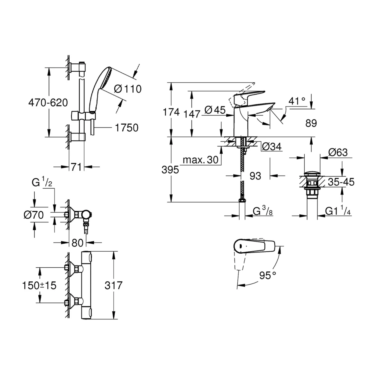 Набір змішувачів Grohe Quickfix термостат для душу з душовим гарнітуром Precision Flow THM та змішувач для раковини StartEdge S-Size UA202503TE Фото - 1
