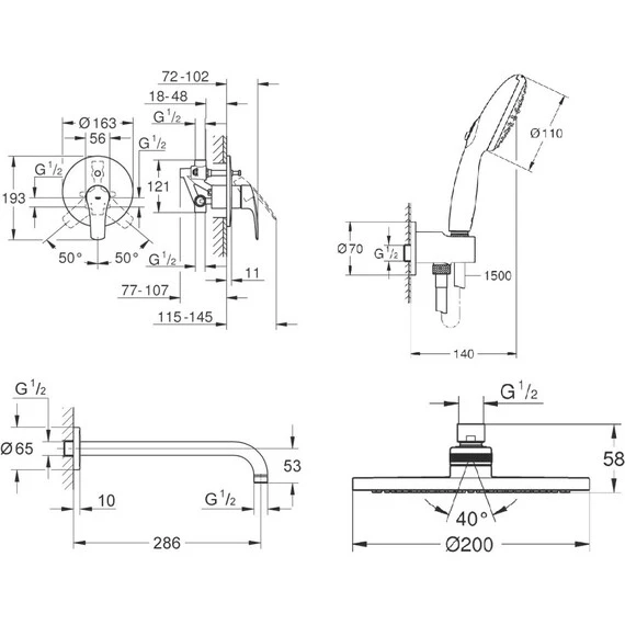 Душова система прихованого монтажу Grohe Eurosmart з New Tempesta 200 (UA25183003) Фото - 1