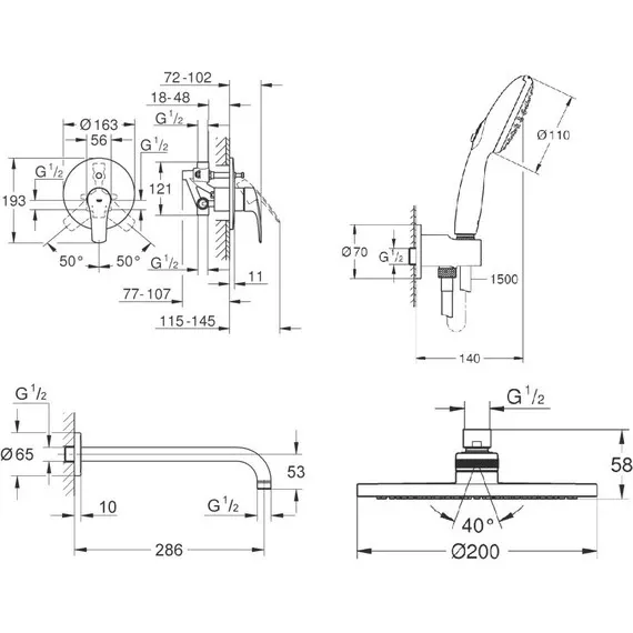 Душевая система скрытого монтажа Grohe Eurosmart с New Tempesta 200 (UA25183003) Фото - 1