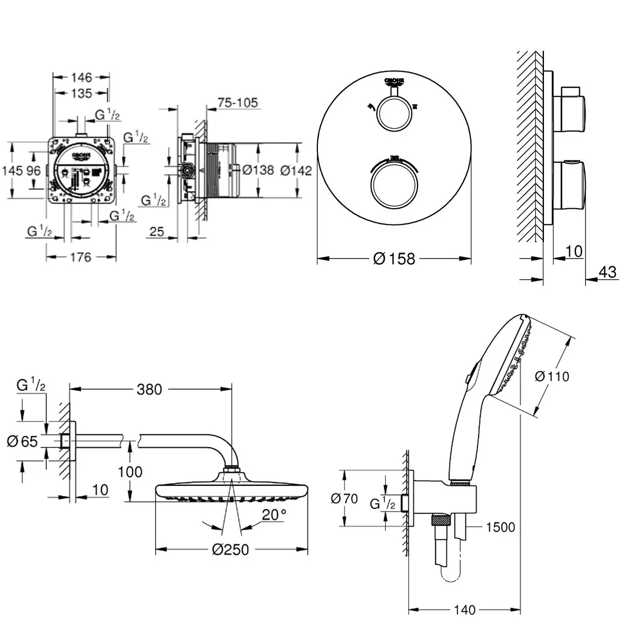 Набір для душу Grohe GROHTHERM (266682430+35604000+1022082430+264062433) чорний матовий Фото - 1