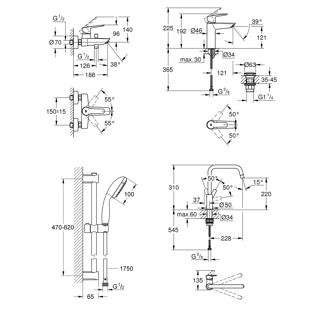 Набор смесителей 4 в 1 для ванной комнаты и кухни Grohe QuickFix Start Black M-Size UA303301MK  Фото - 1