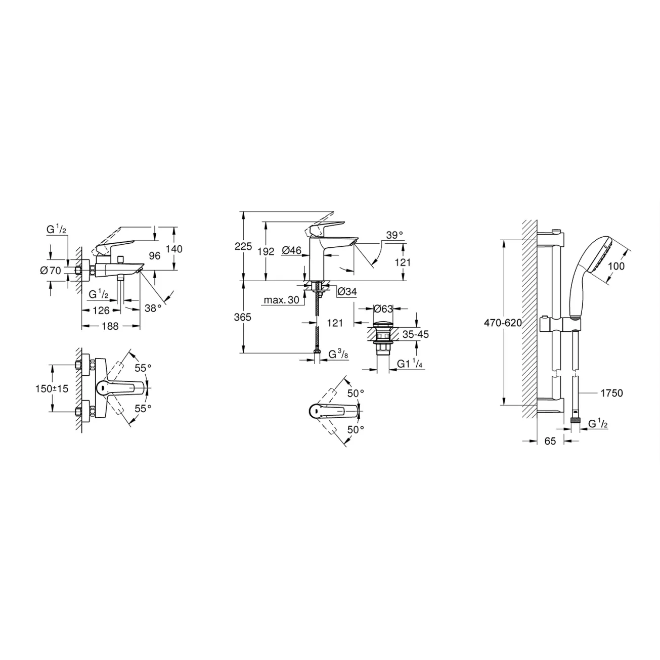 Набор смесителей 3 в 1 для ванной комнаты Grohe QuickFix Start Black UA303301MQ Фото - 1
