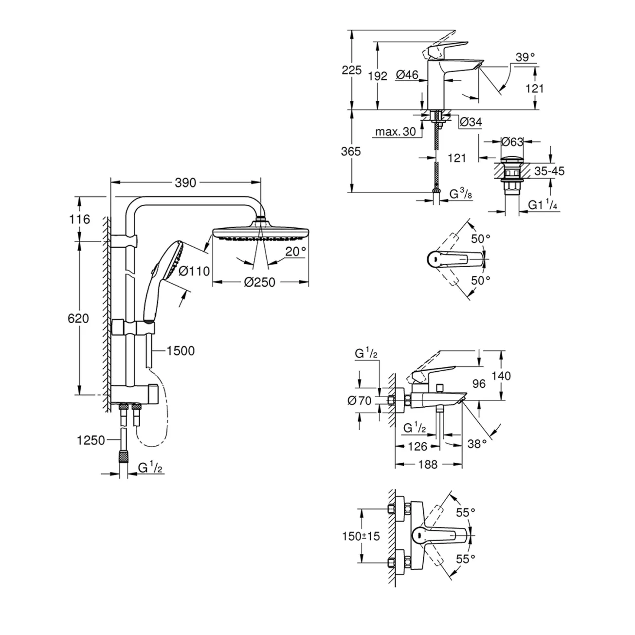 Набор смесителей 3 в 1 для ванной комнаты Grohe QuickFix Start Black UA303305RM Фото - 1