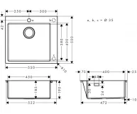 Мийка кухонна Hansgrohe Combi S71, нерж.сталь, прямокутник, без крила, 500x550x190мм, чаша - 1, врізна Фото - 1