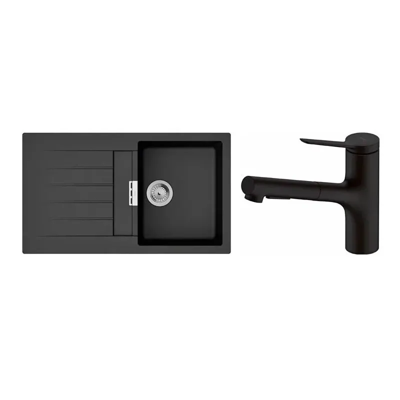 Набор для кухни Hansgrohe, гранитная мойка S520-F345 + смеситель. Zesis M33, черный графит-черный матовый