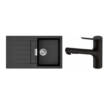 Набор для кухни Hansgrohe, гранитная мойка S520-F345 + смеситель. Zesis M33, черный графит-черный матовый