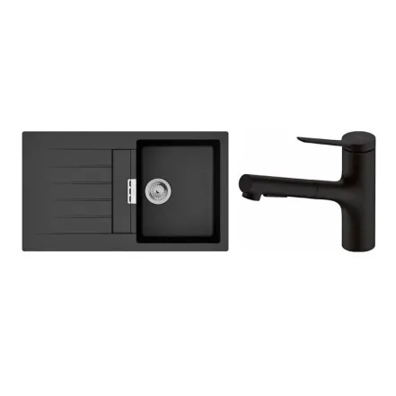 Набор для кухни Hansgrohe, гранитная мойка S520-F345 + смеситель. Zesis M33, черный графит-черный матовый