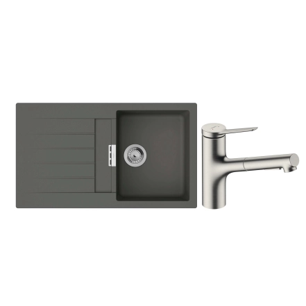 Набор для кухни Hansgrohe, гранитная мойка S520-F345 + смеситель. Zesis M33, серый камень-сталь