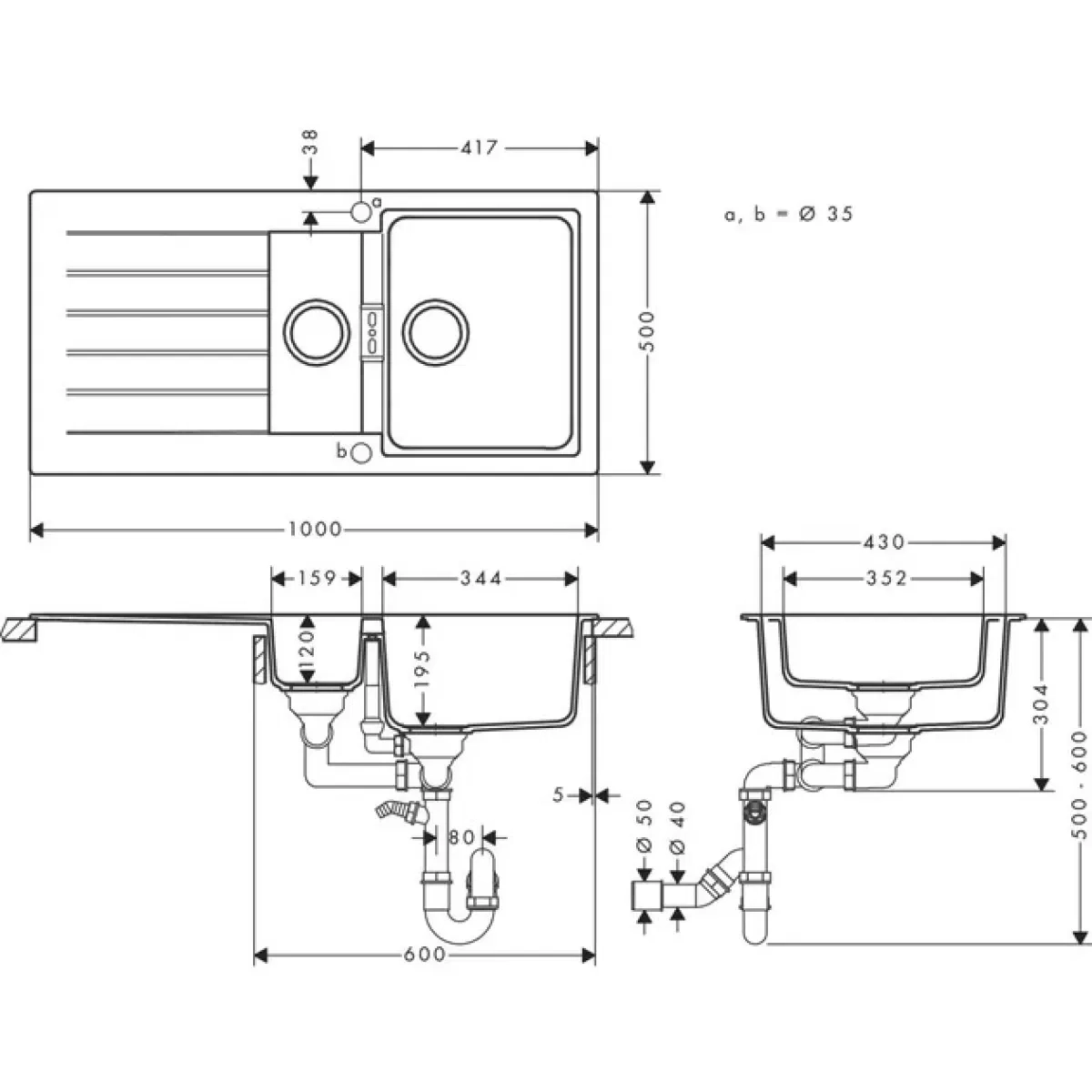 Мийка кухонна Hansgrohe S52, граніт, прямокутник, з крилом, 980х480х190мм, чаша - 1.5, врізна, сірий камінь Фото - 2
