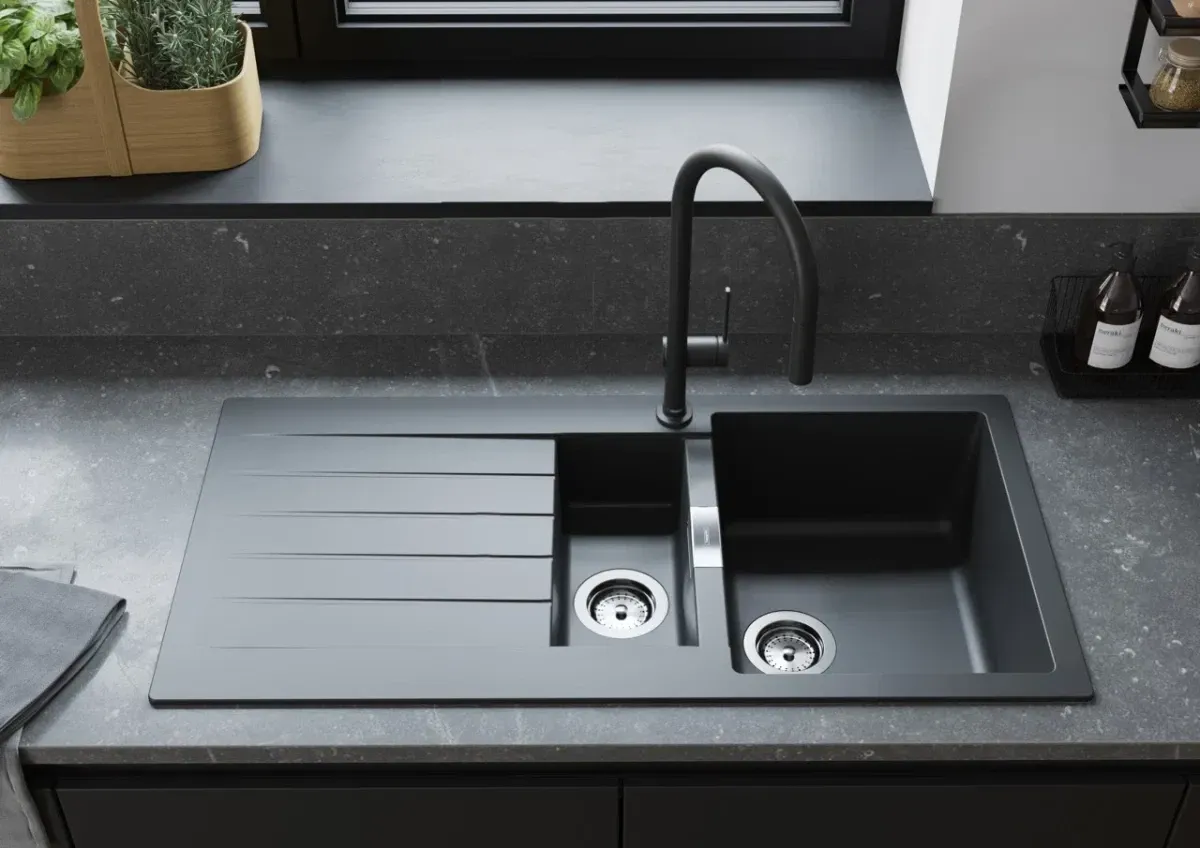 Мойка кухонная Hansgrohe S52, гранит, прямоугольник, с крылом, 980х480х190мм, чаша - 1.5, врезная, серый камень Фото - 1