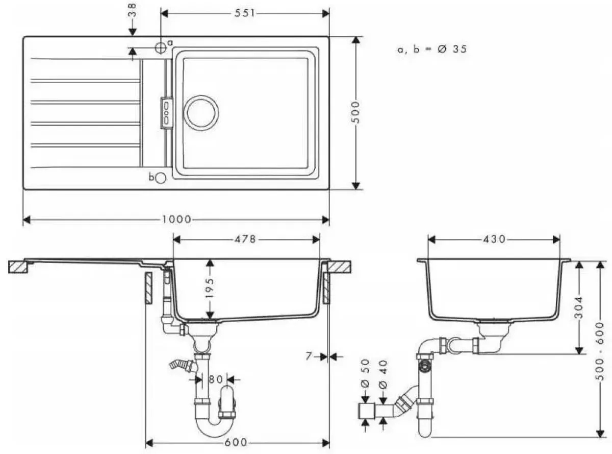 Мийка кухонна Hansgrohe S52, граніт, прямокутник, з крилом, 980х480х190мм, чаша - 1, врізна, S52-F480, сірий камінь Фото - 1