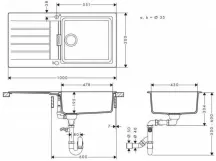 Мийка кухонна Hansgrohe S52, граніт, прямокутник, з крилом, 980х480х190мм, чаша - 1, врізна, S52-F480, сірий камінь Фото - 1