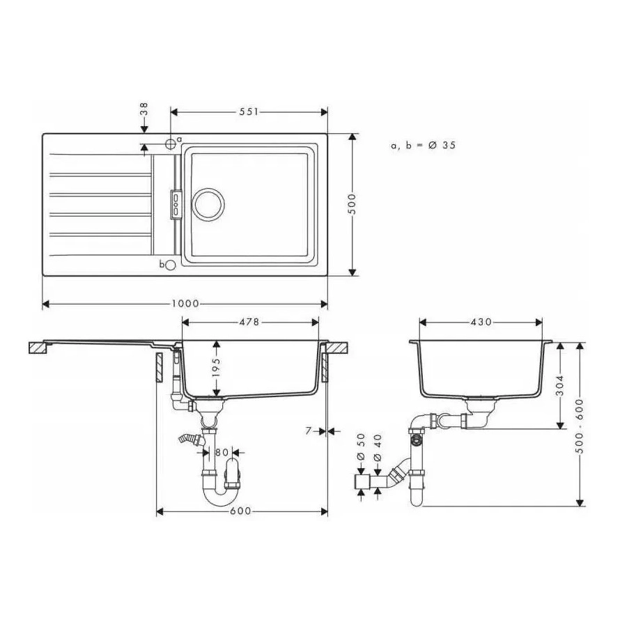 Набор для кухни Hansgrohe, гранитная мойка S520-F480 + смеситель. Focus M41, дозатор A41, серый камень-сталь Фото - 2