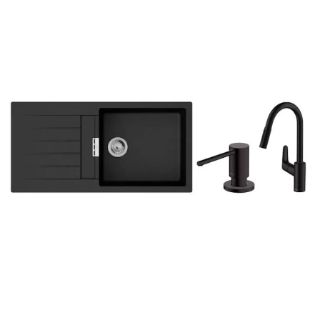 Набор для кухни Hansgrohe, гранитная мойка S520-F480 + смеш. Focus M41, дозатор A41, черный графит-черный матовый