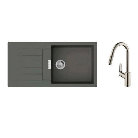 Набор для кухни Hansgrohe, гранитная мойка S520-F480 + смеситель. Focus M41, серый камень-сталь