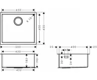 Мойка кухонная Hansgrohe Combi S71, нерж.сталь, прямоугольник, без крыла, 500x450x185мм, чаша - 1, врезная/под столешницу Фото - 1
