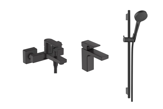 Набор смесителей Hansgrohe EcoSmart для ванны Vernis Shape MB 100 (71561670+71450670+26423670), черный матовый (20230003)