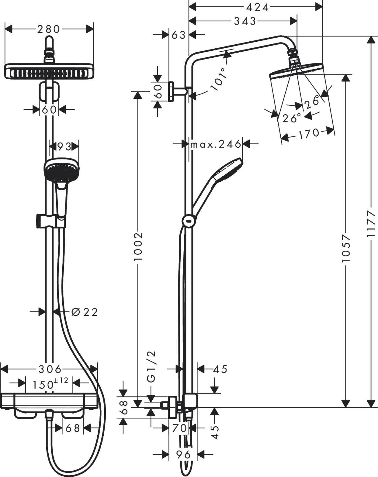 Душова система Hansgrohe Croma E Showerpipe 1jet, з термостатом, хром Фото - 1