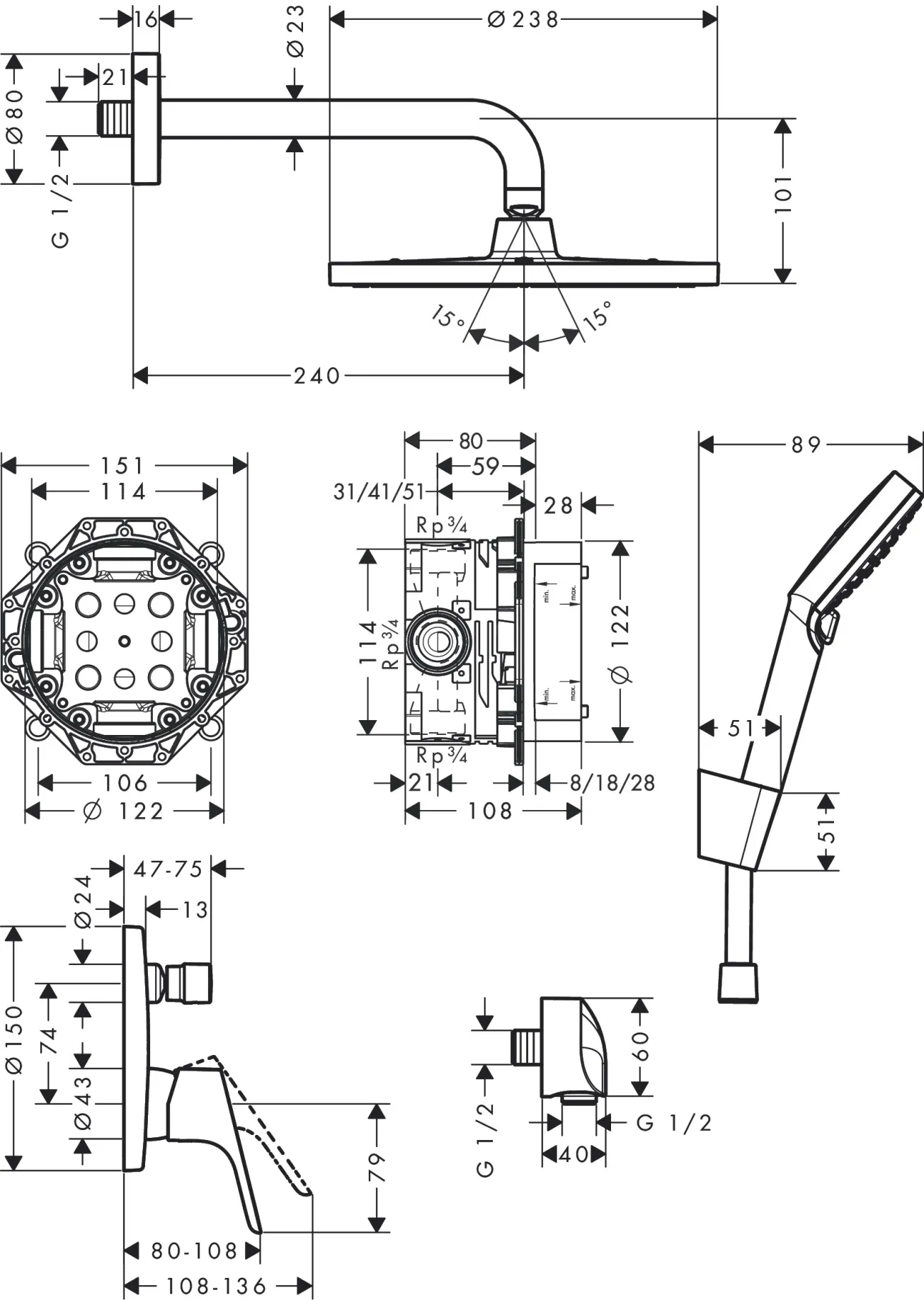 Душевой набор скрытого монтажа Hansgrohe CROMETTA S (26723000+27409000+26330400+31945000+01800180+28331000+27456000+28272000), хром Фото - 3