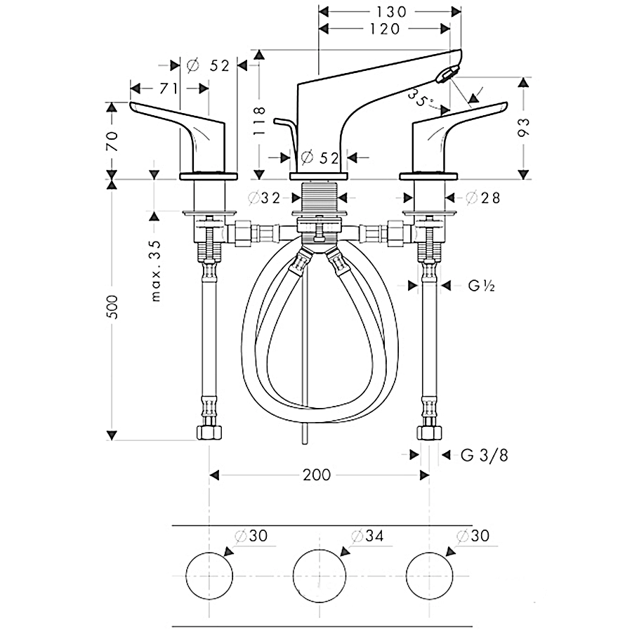 Смеситель для умывальника Hansgrohe Focus E 100 на 3 отверстия, хром (31937000) Фото - 1