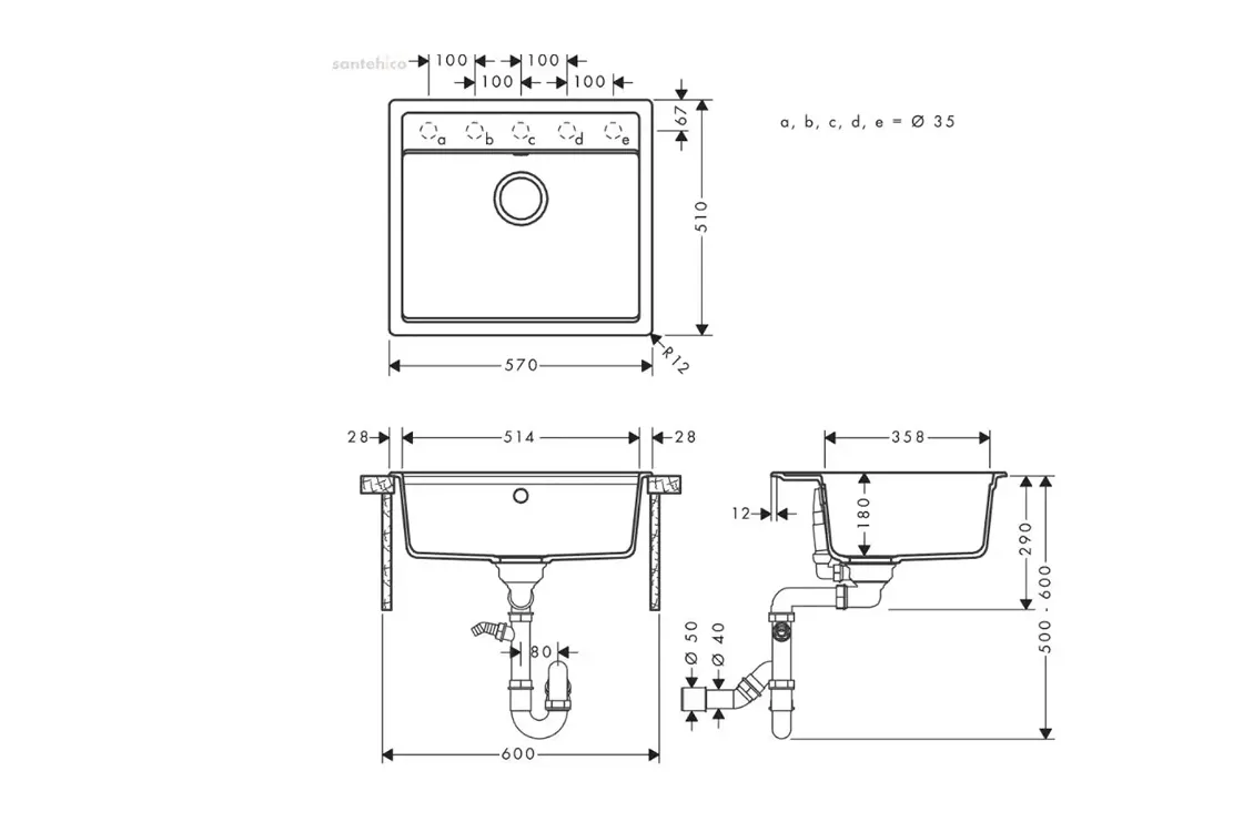 Мойка кухонная Hansgrohe S52, гранит, прямоугольник, без крыла, 550х490х190мм, чаша - 1, врезная, S520-F510, черный графит Фото - 3