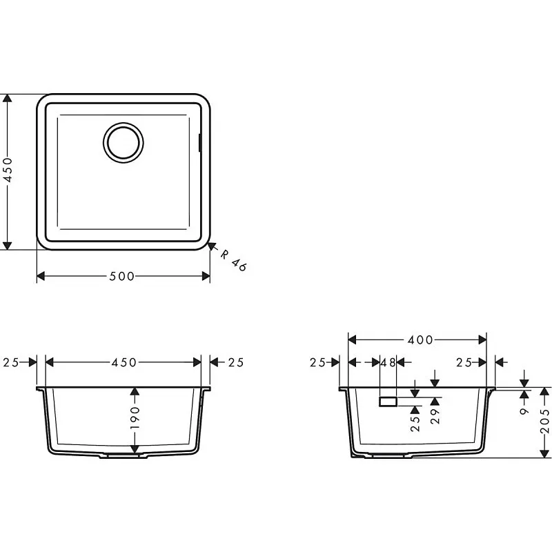 Мийка кухонна Hansgrohe S51, граніт, квадрат, без крила, 500х450х190мм, чаша - 1, врізна, S510-U450, сірий камінь Фото - 1
