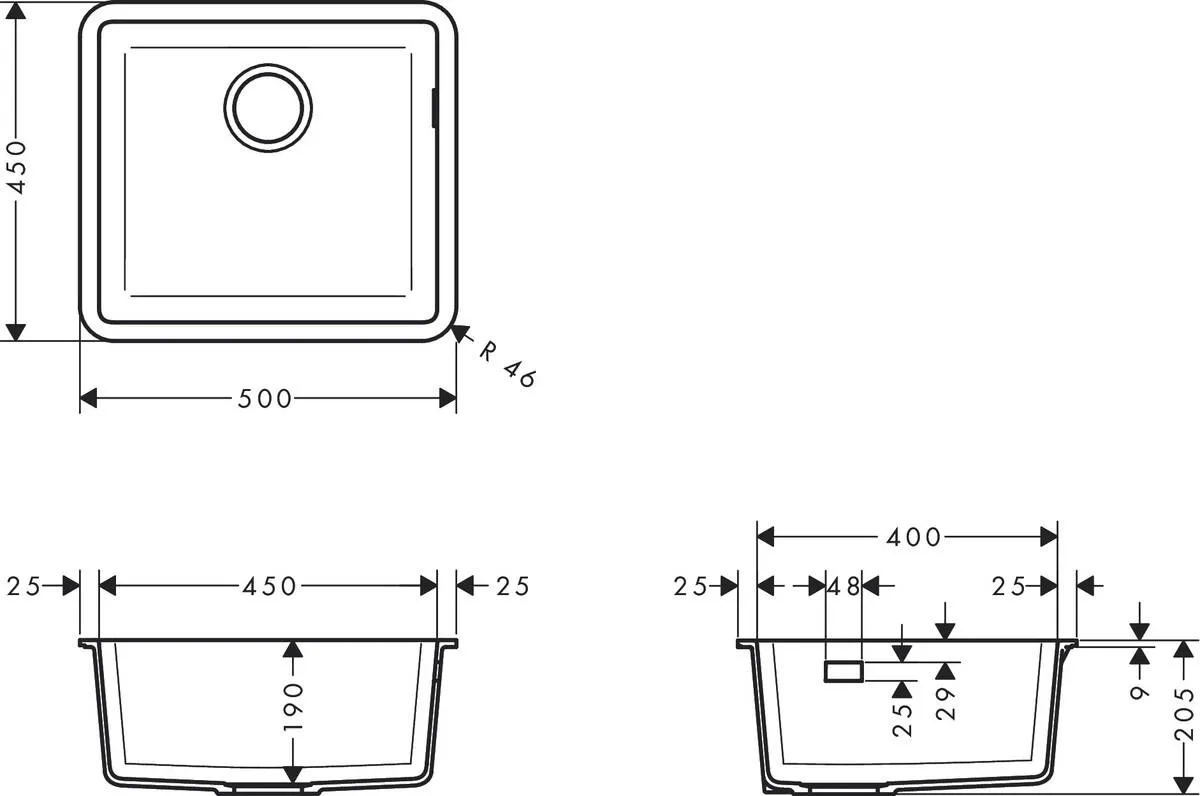 Мойка кухонная Hansgrohe S51, гранит, квадрат, без крыла, 500х450х190мм, чаша - 1, врезная, S510-U450, серый бетон Фото - 1