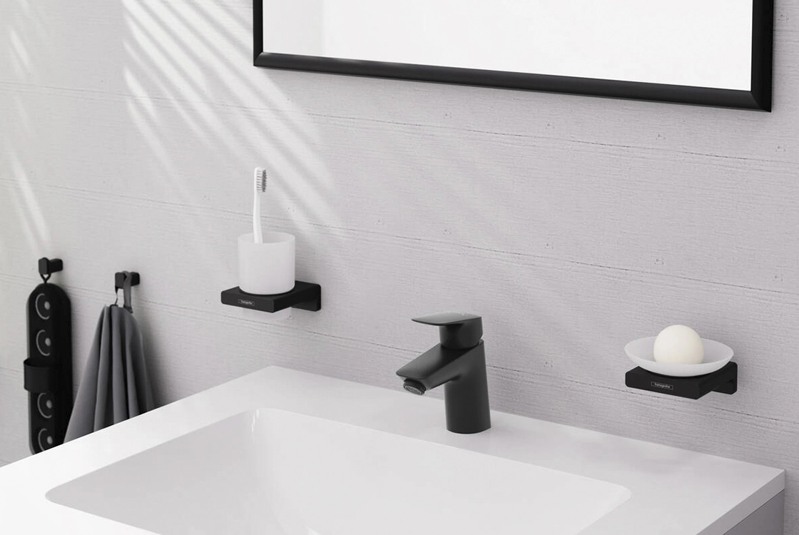 Смеситель для умывальника Hansgrohe Logis со сливным клапаном Push-Open, черный матовый (71077670) Фото - 1