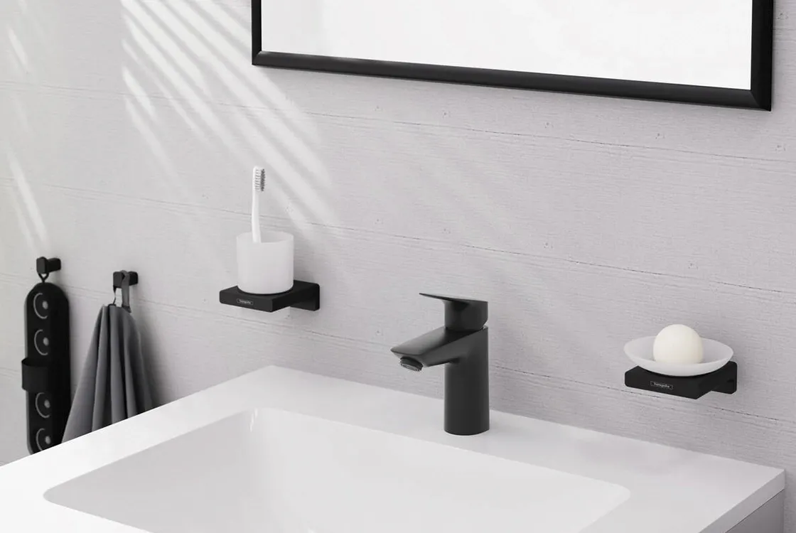 Змішувач для умивальника Hansgrohe LOGIS  100, одноважільний, з клапаном push-open, чорний матовий Фото - 1