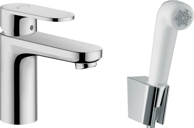 Смеситель для умывальника Hansgrohe VERNIS BLEND 100 с гигиенической лейкой, цвет лейки - белый