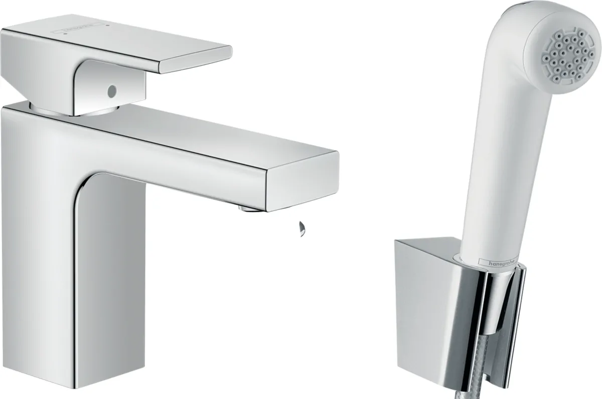 Смеситель для умывальника Hansgrohe VERNIS SHAPE 100 с гигиенической лейкой, цвет лейки - белый