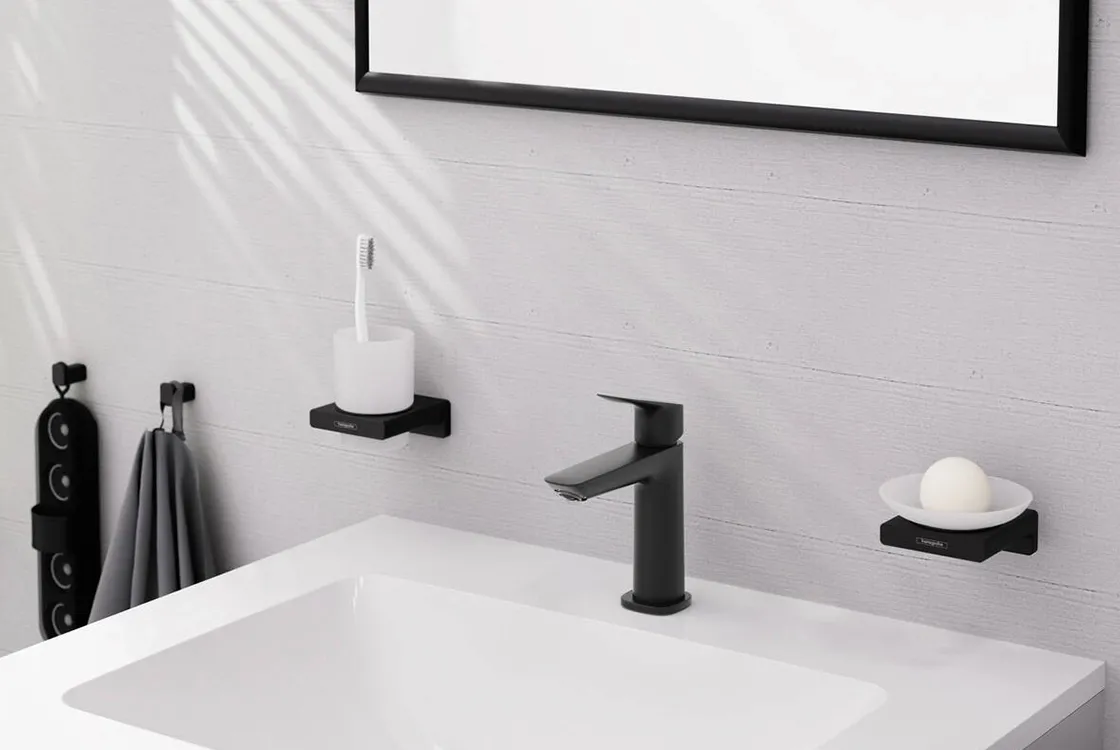 Смеситель для умывальника Hansgrohe Logis 110, однорычажный, со сливным набором push-up, черный матовый Фото - 2