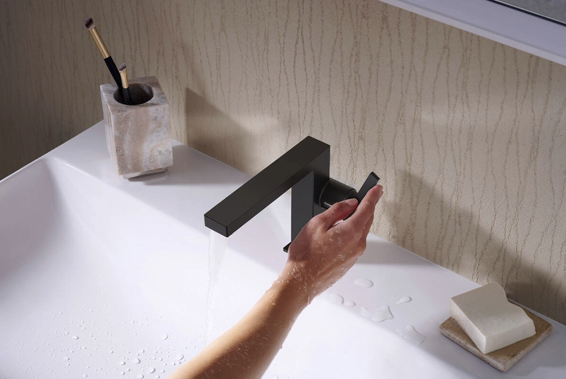 Смеситель для умывальника Hansgrohe TECTURIS E 110, однорычажный, CoolStart, push-open, черный матовый Фото - 2