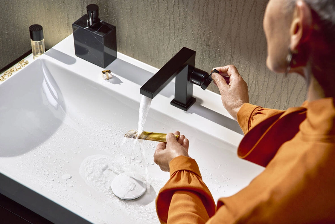 Смеситель для умывальника Hansgrohe TECTURIS E 110, однорычажный, CoolStart, push-open, черный матовый Фото - 3