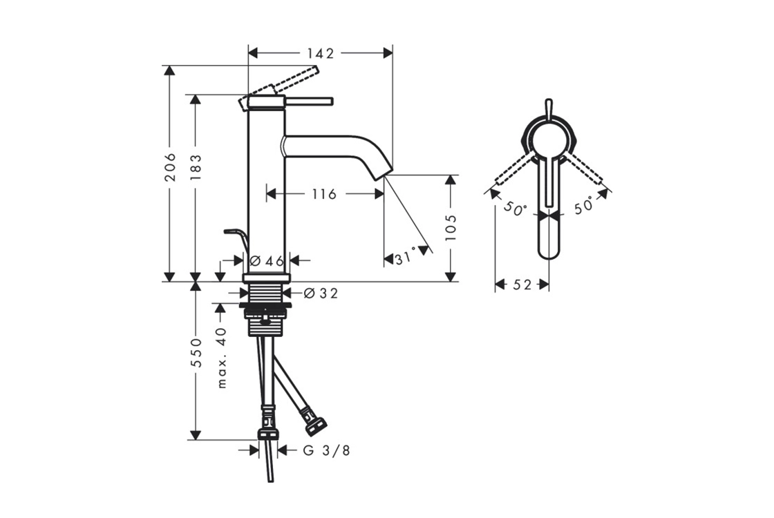 Смеситель для умывальника Hansgrohe TECTURIS S 110, однорычажный, push-open, хром Фото - 1