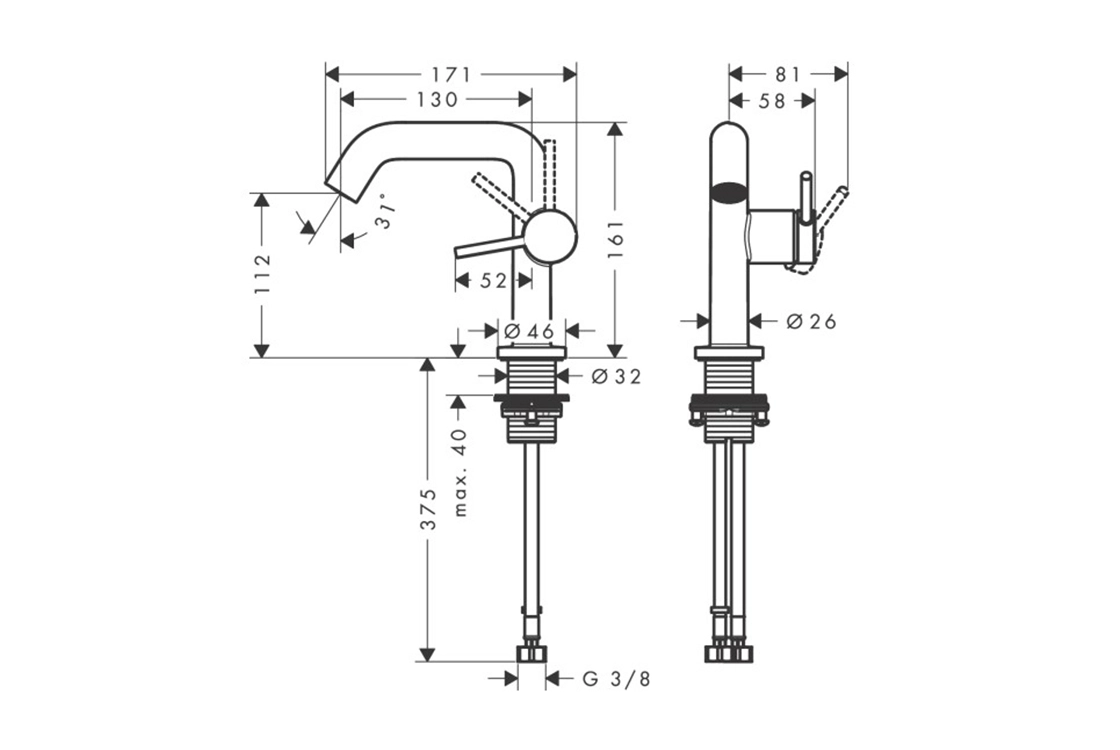 Смеситель для раковины Hansgrohe Tecturis S CoolStart EcoSmart+ со сливным гарнитуром бронза (73320140) Фото - 4
