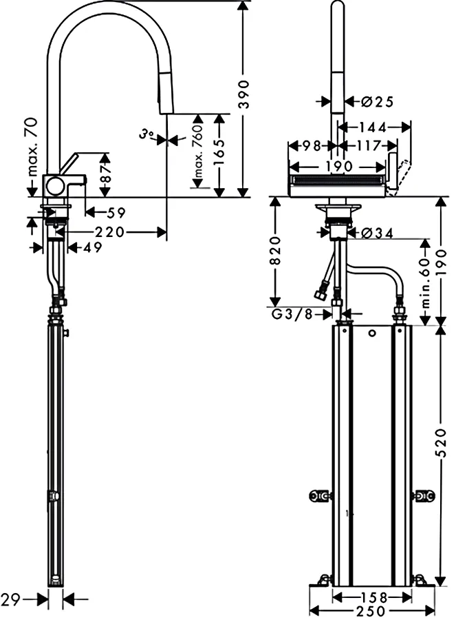 Змiшувач для кухнi Hansgrohe AQUNO SELECT M81, одноважiльний, з висувним душем, 3jet, sBox, хром Фото - 4
