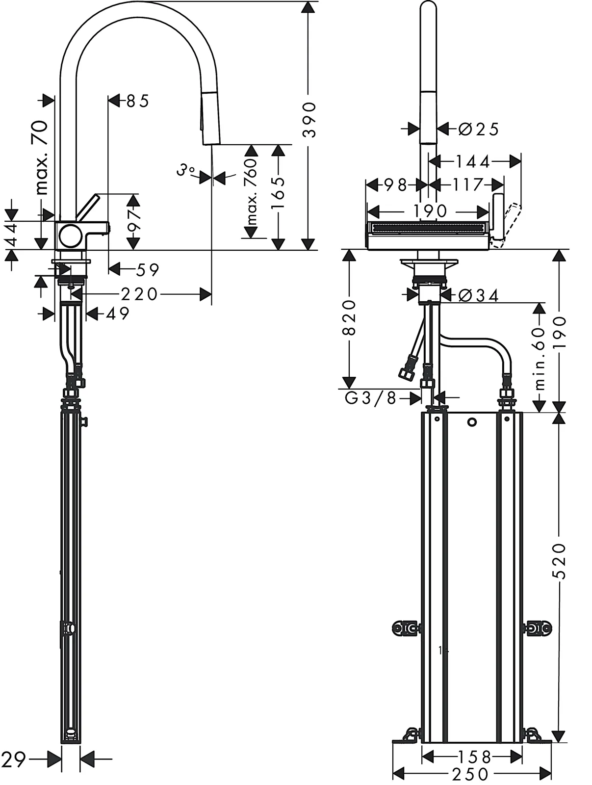 Змiшувач для кухнi Hansgrohe AQUNO SELECT M81, одноважiльний, з витяжним виливом, 3jet, sBox, чорний мат Фото - 2