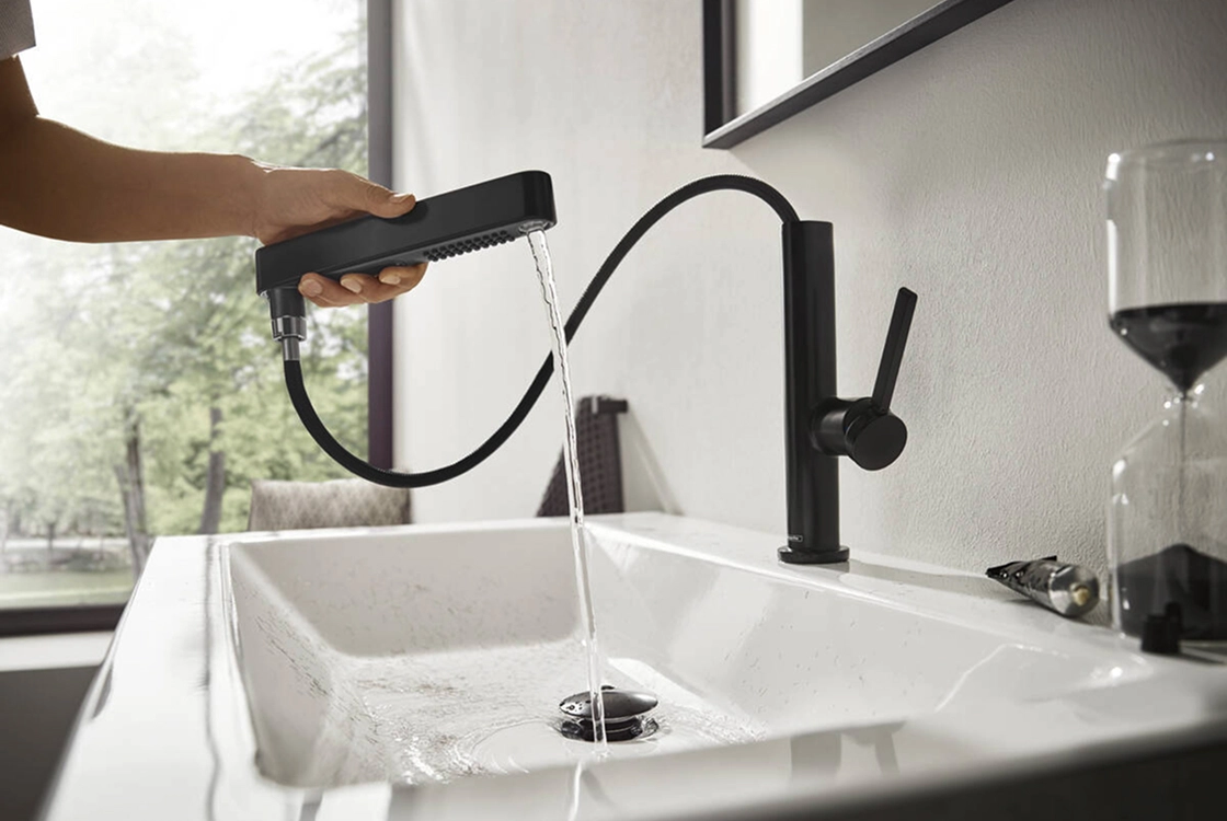 Смеситель для раковины Hansgrohe FINORIS 230 c выдвижным изливом (2 струи), черный матовый,76063670 Фото - 4