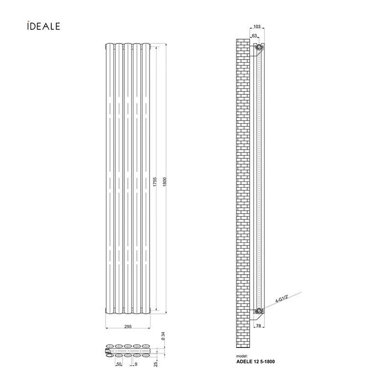 Радіатор дизайнерський IDEALE ADELE 12 5/1800/295 (1080Вт)антрацит Фото - 2