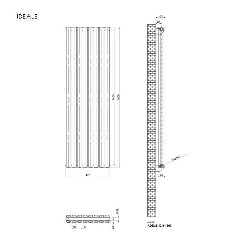Радиатор дизайнерский IDEALE ADELE 12 8/1500/472 (1600Вт)черный мат Фото - 2