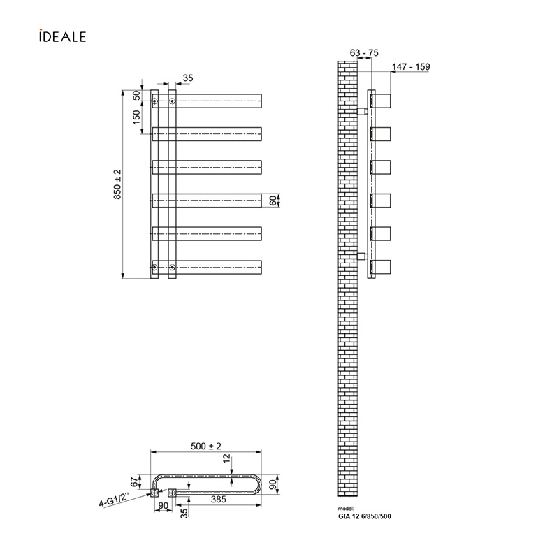Рушникосушка дизайнерська IDEALE GIA 11 6/850/500 антрацит Фото - 2
