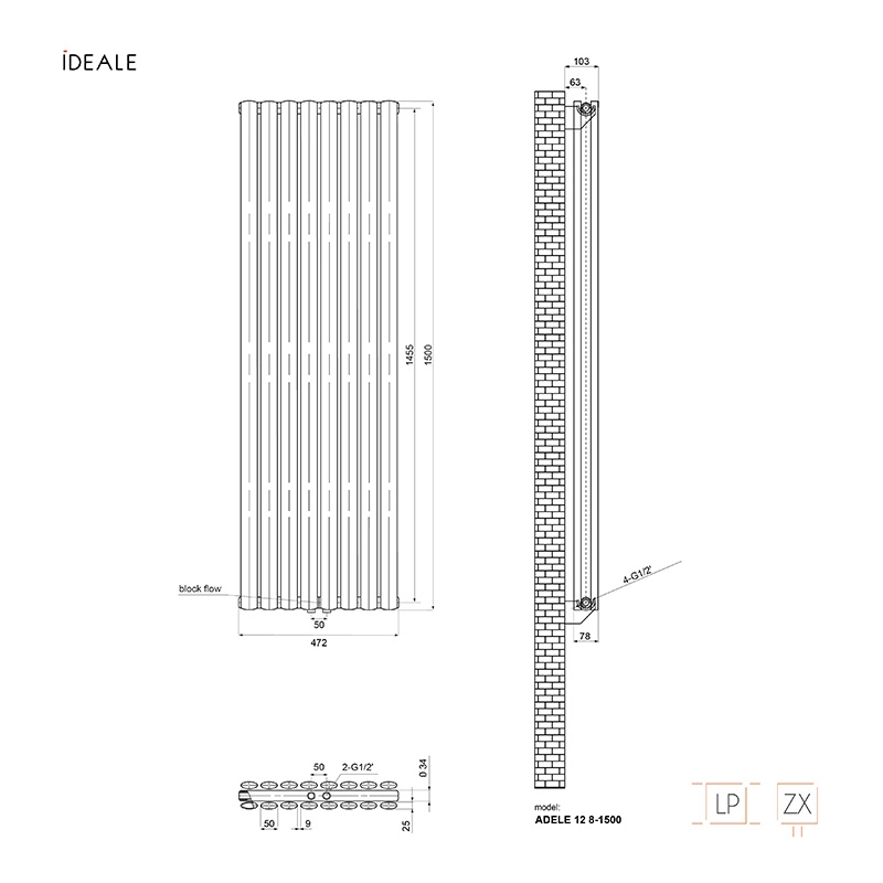 Радиатор дизайнерский IDEALE ADELE 12 8/1500/472 (1212Вт)антрацит универсальное подключение Фото - 2